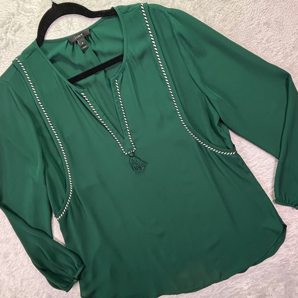 J. Crew Women Blouse Size 8 Green Tassel Whipstitch Split Neck Long Sleeve
